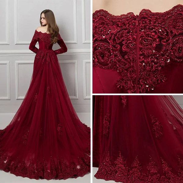 Elegant Burgundy Suede Evening Dresses 2019 Trumpet / Mermaid Off-The-Shoulder Long Sleeve Appliques Lace Beading Detachable Court Train Ruffle Backless Formal Dresses