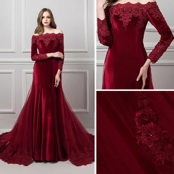 Elegant Burgundy Suede Evening Dresses 2019 Trumpet / Mermaid Off-The-Shoulder Long Sleeve Appliques Lace Beading Detachable Court Train Ruffle Backless Formal Dresses
