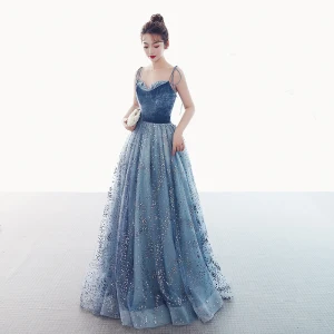 Luxe Océan Bleu Daim Robe De Bal 2019 Princesse Bretelles Spaghetti Sans Manches Glitter Tulle Longue Volants Dos Nu Robe De Ceremonie