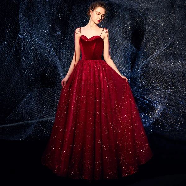 Luxury / Gorgeous Burgundy Prom Dresses 2019 A-Line / Princess Spaghetti Straps Sleeveless Glitter Tulle Floor-Length / Long Ruffle Backless Formal Dresses