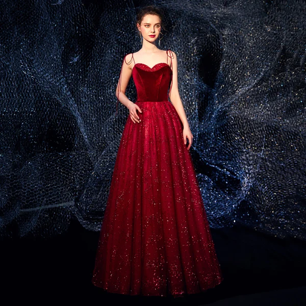 Luxury / Gorgeous Burgundy Prom Dresses 2019 A-Line / Princess Spaghetti Straps Sleeveless Glitter Tulle Floor-Length / Long Ruffle Backless Formal Dresses