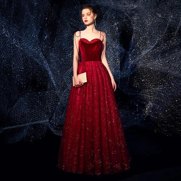 Luxury / Gorgeous Burgundy Prom Dresses 2019 A-Line / Princess Spaghetti Straps Sleeveless Glitter Tulle Floor-Length / Long Ruffle Backless Formal Dresses