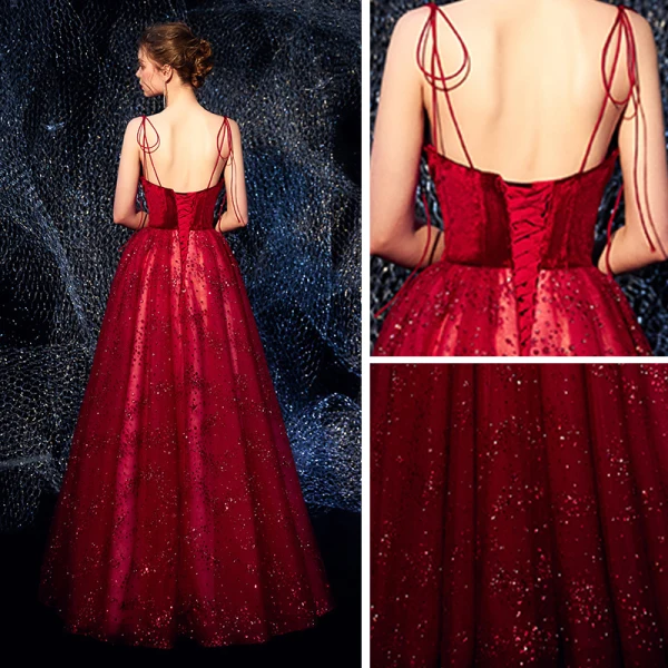 Luxury / Gorgeous Burgundy Prom Dresses 2019 A-Line / Princess Spaghetti Straps Sleeveless Glitter Tulle Floor-Length / Long Ruffle Backless Formal Dresses