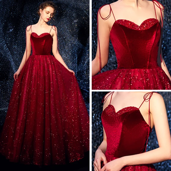 Luxury / Gorgeous Burgundy Prom Dresses 2019 A-Line / Princess Spaghetti Straps Sleeveless Glitter Tulle Floor-Length / Long Ruffle Backless Formal Dresses