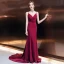 Sexy Bordeaux Robe De Soirée 2019 Trompette / Sirène Bretelles Spaghetti Sans Manches Perlage Ceinture Tribunal Train Volants Dos Nu Robe De Ceremonie