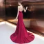 Sexy Bordeaux Robe De Soirée 2019 Trompette / Sirène Bretelles Spaghetti Sans Manches Perlage Ceinture Tribunal Train Volants Dos Nu Robe De Ceremonie