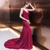 Sexy Burgundy Evening Dresses  2019 Trumpet / Mermaid Spaghetti Straps Sleeveless Beading Sash Court Train Ruffle Backless Formal Dresses
