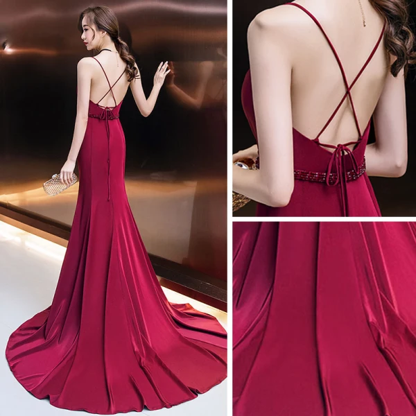 Sexy Bordeaux Robe De Soirée 2019 Trompette / Sirène Bretelles Spaghetti Sans Manches Perlage Ceinture Tribunal Train Volants Dos Nu Robe De Ceremonie