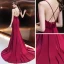 Sexy Bordeaux Robe De Soirée 2019 Trompette / Sirène Bretelles Spaghetti Sans Manches Perlage Ceinture Tribunal Train Volants Dos Nu Robe De Ceremonie