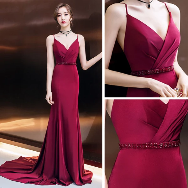 Sexy Bordeaux Robe De Soirée 2019 Trompette / Sirène Bretelles Spaghetti Sans Manches Perlage Ceinture Tribunal Train Volants Dos Nu Robe De Ceremonie