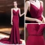 Sexy Bordeaux Robe De Soirée 2019 Trompette / Sirène Bretelles Spaghetti Sans Manches Perlage Ceinture Tribunal Train Volants Dos Nu Robe De Ceremonie