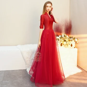 Vintage Originale Rouge Satin Robe De Soirée 2019 Princesse V Cou 1 2 Manches Longue Volants Robe De Ceremonie