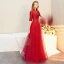 Vintage / Retro Red Satin Evening Dresses  2019 A-Line / Princess V-Neck 1/2 Sleeves Floor-Length / Long Ruffle Formal Dresses