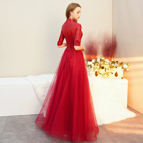 Vintage / Retro Red Satin Evening Dresses 2019 A-Line / Princess V-Neck 1/2 Sleeves Floor-Length / Long Ruffle Formal Dresses