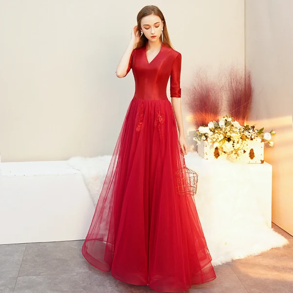 Vintage / Retro Red Satin Evening Dresses 2019 A-Line / Princess V-Neck 1/2 Sleeves Floor-Length / Long Ruffle Formal Dresses