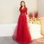 Vintage / Retro Red Satin Evening Dresses  2019 A-Line / Princess V-Neck 1/2 Sleeves Floor-Length / Long Ruffle Formal Dresses