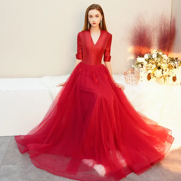 Vintage / Retro Red Satin Evening Dresses 2019 A-Line / Princess V-Neck 1/2 Sleeves Floor-Length / Long Ruffle Formal Dresses