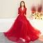 Vintage / Retro Red Satin Evening Dresses  2019 A-Line / Princess V-Neck 1/2 Sleeves Floor-Length / Long Ruffle Formal Dresses