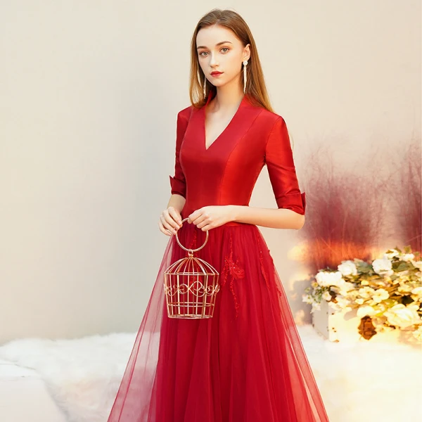 Vintage / Retro Red Satin Evening Dresses 2019 A-Line / Princess V-Neck 1/2 Sleeves Floor-Length / Long Ruffle Formal Dresses