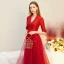 Vintage / Retro Red Satin Evening Dresses  2019 A-Line / Princess V-Neck 1/2 Sleeves Floor-Length / Long Ruffle Formal Dresses