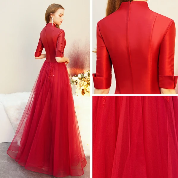 Vintage / Retro Red Satin Evening Dresses 2019 A-Line / Princess V-Neck 1/2 Sleeves Floor-Length / Long Ruffle Formal Dresses