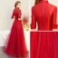 Vintage / Retro Red Satin Evening Dresses  2019 A-Line / Princess V-Neck 1/2 Sleeves Floor-Length / Long Ruffle Formal Dresses
