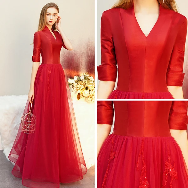Vintage / Retro Red Satin Evening Dresses 2019 A-Line / Princess V-Neck 1/2 Sleeves Floor-Length / Long Ruffle Formal Dresses