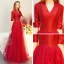Vintage / Retro Red Satin Evening Dresses  2019 A-Line / Princess V-Neck 1/2 Sleeves Floor-Length / Long Ruffle Formal Dresses