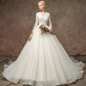 Elegant Champagne Pierced Beading Wedding Dresses 2019 A Line Princess V Neck Long Sleeve Glitter Tulle Chapel Train Ruffle