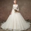 Elegant Champagne Pierced Beading Wedding Dresses 2019 A-Line / Princess V-Neck Long Sleeve Glitter Tulle Chapel Train Ruffle