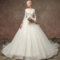 Elegant Champagne Pierced Beading Wedding Dresses 2019 A-Line / Princess V-Neck Long Sleeve Glitter Tulle Chapel Train Ruffle