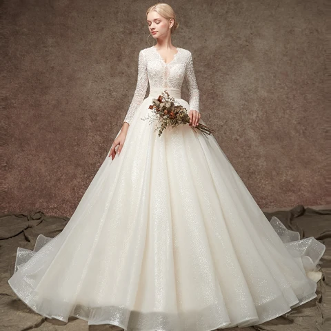 Elegant Champagne Pierced Beading Wedding Dresses 2019 A-Line / Princess V-Neck Long Sleeve Glitter Tulle Chapel Train Ruffle