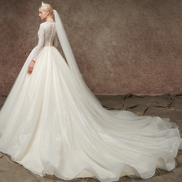 Elegant Champagne Pierced Beading Wedding Dresses 2019 A-Line / Princess V-Neck Long Sleeve Glitter Tulle Chapel Train Ruffle