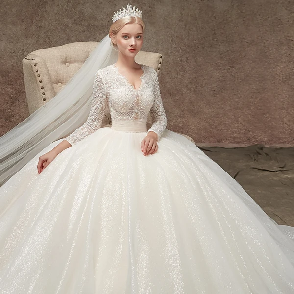 Elegant Champagne Pierced Beading Wedding Dresses 2019 A-Line / Princess V-Neck Long Sleeve Glitter Tulle Chapel Train Ruffle