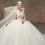 Elegant Champagne Pierced Beading Wedding Dresses 2019 A-Line / Princess V-Neck Long Sleeve Glitter Tulle Chapel Train Ruffle