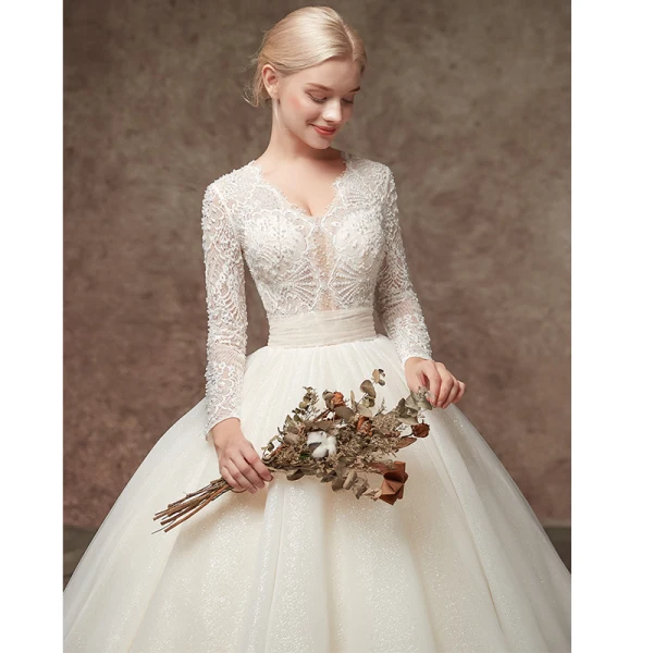 Elegant Champagne Pierced Beading Wedding Dresses 2019 A-Line / Princess V-Neck Long Sleeve Glitter Tulle Chapel Train Ruffle