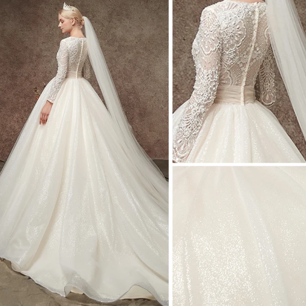 Elegant Champagne Pierced Beading Wedding Dresses 2019 A-Line / Princess V-Neck Long Sleeve Glitter Tulle Chapel Train Ruffle
