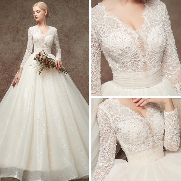 Elegant Champagne Pierced Beading Wedding Dresses 2019 A-Line / Princess V-Neck Long Sleeve Glitter Tulle Chapel Train Ruffle