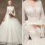 Elegant Champagne Pierced Beading Wedding Dresses 2019 A-Line / Princess V-Neck Long Sleeve Glitter Tulle Chapel Train Ruffle