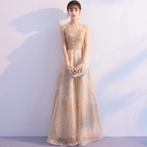 Chic Beautiful Gold Evening Dresses 2019 A Line Princess Scoop Neck Sleeveless Glitter Tulle Appliques Lace Floor Length Long Ruffle Formal Dresses