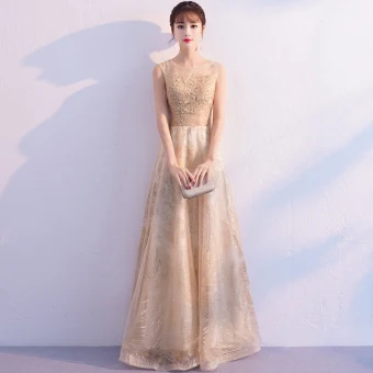 Chic Beautiful Gold Evening Dresses 2019 A Line Princess Scoop Neck Sleeveless Glitter Tulle Appliques Lace Floor Length Long Ruffle Formal Dresses