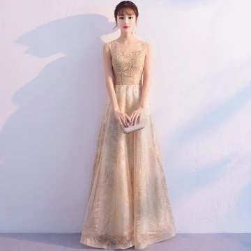 Chic Beautiful Gold Evening Dresses 2019 A Line Princess Scoop Neck Sleeveless Glitter Tulle Appliques Lace Floor Length Long Ruffle Formal Dresses