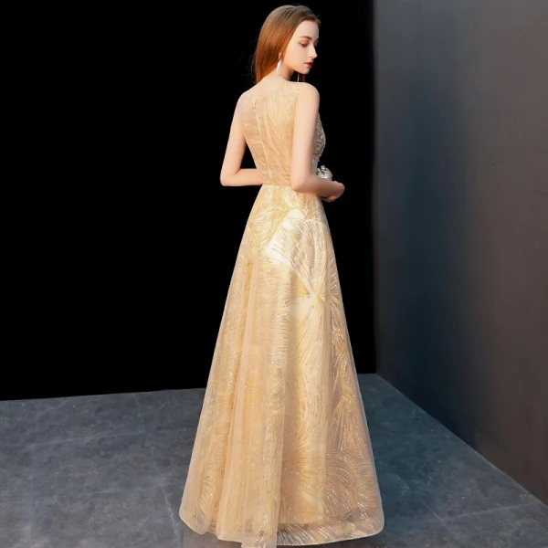 Chic / Beautiful Gold Evening Dresses  2019 A-Line / Princess Scoop Neck Sleeveless Glitter Tulle Appliques Lace Floor-Length / Long Ruffle Formal Dresses
