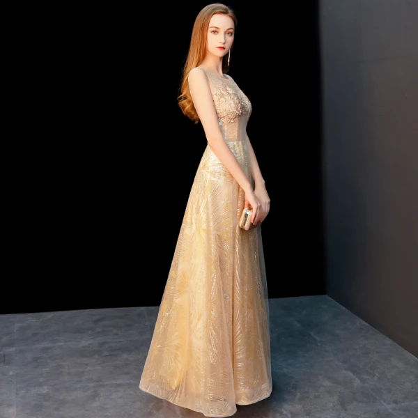 Chic / Beautiful Gold Evening Dresses  2019 A-Line / Princess Scoop Neck Sleeveless Glitter Tulle Appliques Lace Floor-Length / Long Ruffle Formal Dresses