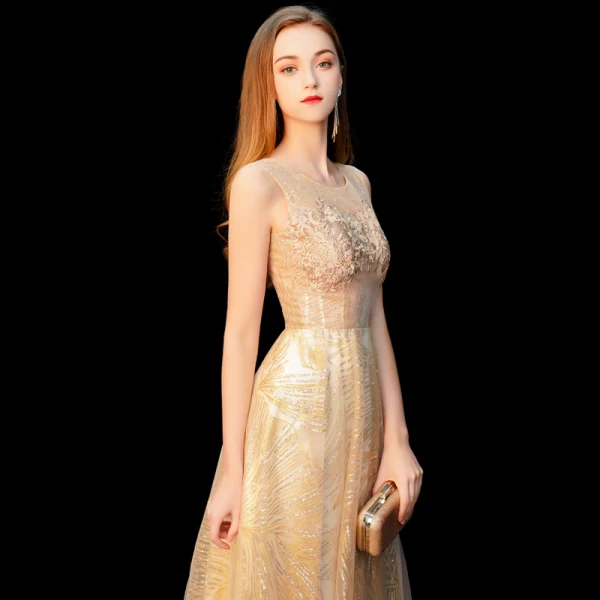Chic / Beautiful Gold Evening Dresses  2019 A-Line / Princess Scoop Neck Sleeveless Glitter Tulle Appliques Lace Floor-Length / Long Ruffle Formal Dresses