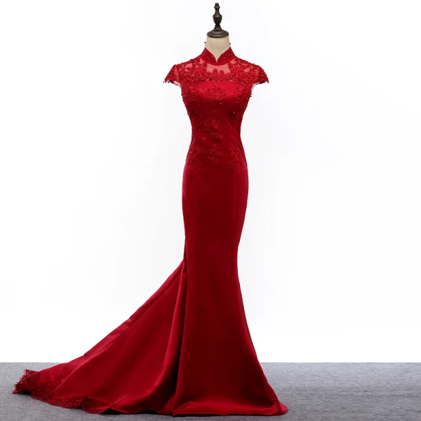 Style Chinois Rouge Transparentes Robe De Soirée 2019 Trompette / Sirène Col Haut Mancherons Appliques En Dentelle Paillettes Tribunal Train Volants Robe De Ceremonie