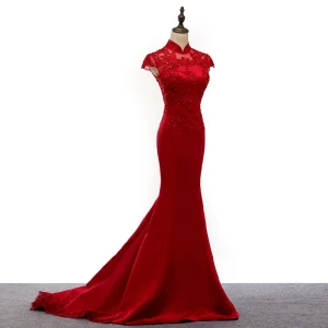 Style Chinois Rouge Transparentes Robe De Soirée 2019 Trompette Sirène Col Haut Mancherons Appliques En Dentelle Paillettes Tribunal Train Volants Robe De Ceremonie