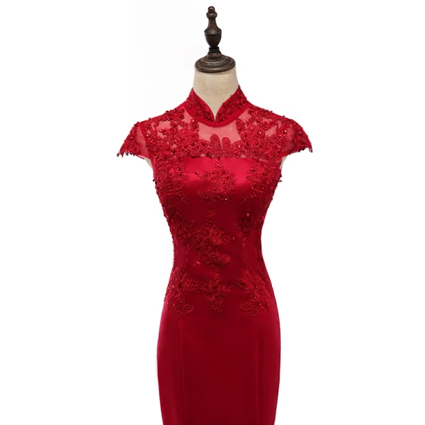 Style Chinois Rouge Transparentes Robe De Soirée 2019 Trompette / Sirène Col Haut Mancherons Appliques En Dentelle Paillettes Tribunal Train Volants Robe De Ceremonie