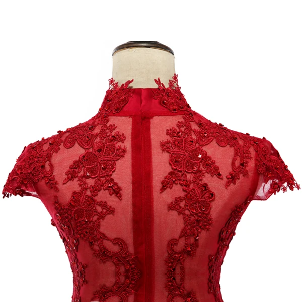 Style Chinois Rouge Transparentes Robe De Soirée 2019 Trompette / Sirène Col Haut Mancherons Appliques En Dentelle Paillettes Tribunal Train Volants Robe De Ceremonie