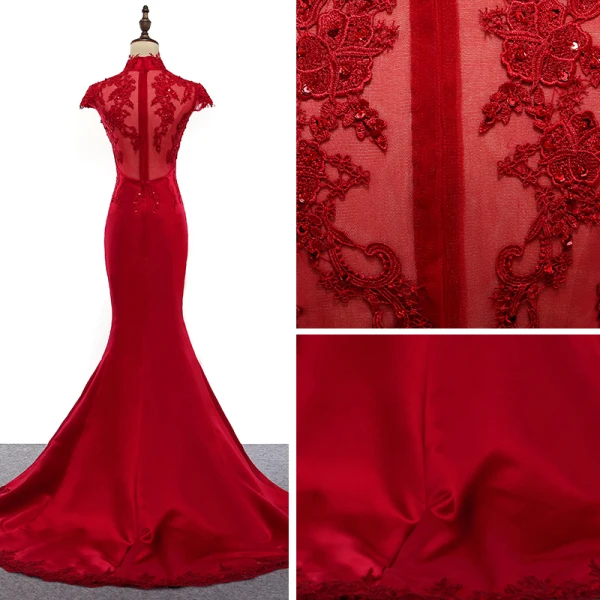 Style Chinois Rouge Transparentes Robe De Soirée 2019 Trompette / Sirène Col Haut Mancherons Appliques En Dentelle Paillettes Tribunal Train Volants Robe De Ceremonie